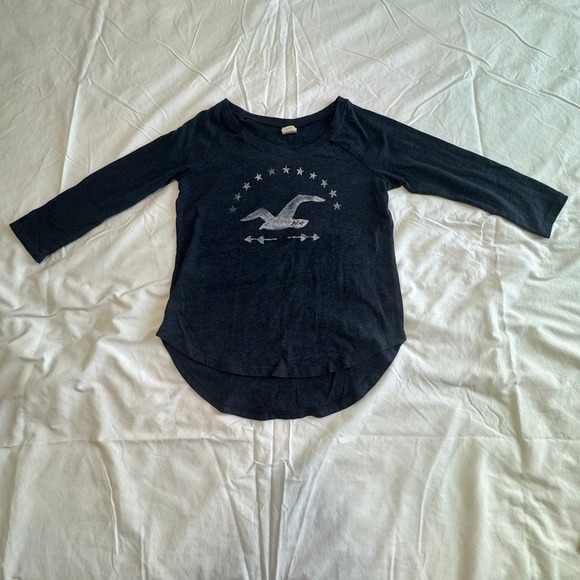 Hollister Tops - Hollister Womens Navy Blue 3/4 Sleeve Graphic Tee Seagull Logo Y2K Size S
